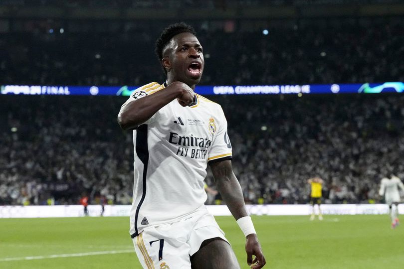 Selebrasi gol pemain Real Madrid Vinicius Junior dalam laga melawan Dortmund di final Liga Champions 20232024