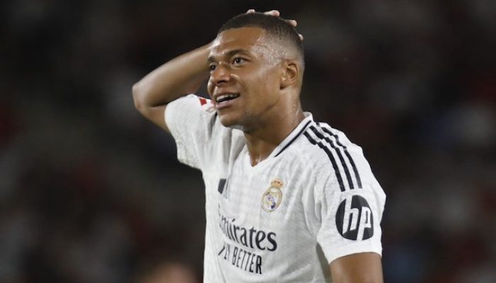 Ekpresi Kylian Mbappe di laga Real Mallorca vs Real Madrid, Senin (19/08/2024).